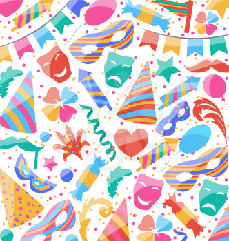 Illustration festive wallpaper with carnival and party colorful icons and objects - vector