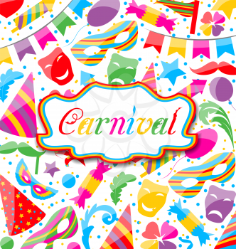 Illustration festive card with carnival and party colorful icons and objects - vector