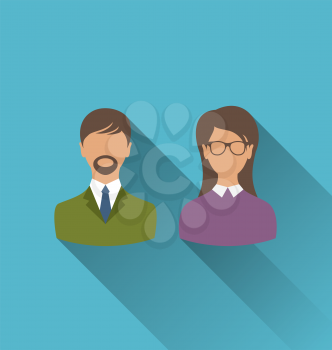 Illustration male and female user avatars. Flat icons with long shadow - vector