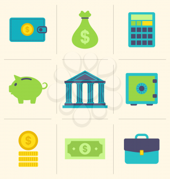 Illustration flat icons of financial and business items - vector