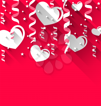 Illustration background for Valentines Day with paper hearts, streamer, stars, trendy flat style - vector