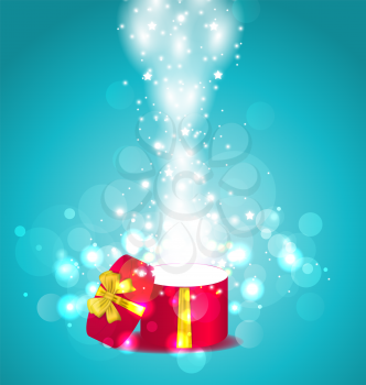 Illustration Christmas glowing background with open round gift box - vector 
