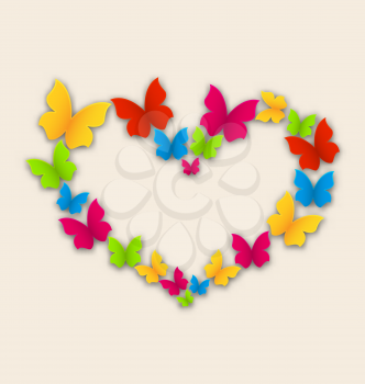 Illustration celebration postcard with heart made in colorful butterflies for Valentine Day, copy space for your text - vector