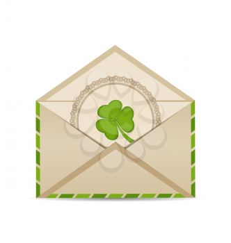 Illustration open vintage envelope with clover isolated on white background for St. Patrick's Day - vector