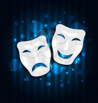 Illustration comedy and tragedy theatre masks on blue shimmering  background - vector
