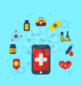 Illustration smart phone with medical icons for web design, modern flat style - vector