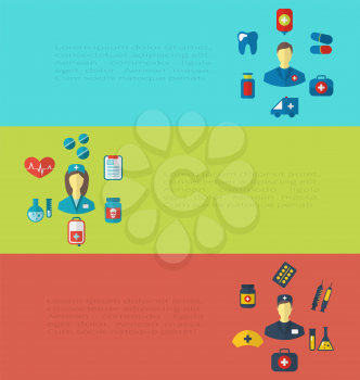 Illustration set cards with medical elements, trendy flat icons - vector