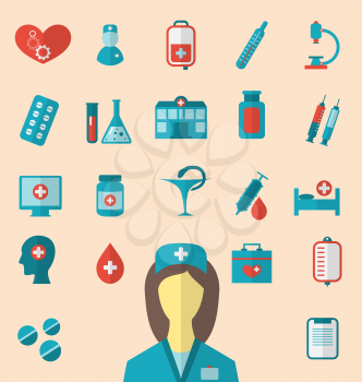 Illustration set trendy flat icons of medical elements and nurse - vector