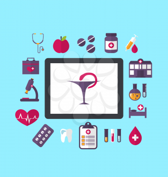 Illustration set flat icons of objects medicine and chemical laboratory, concept of healthcare system - vector