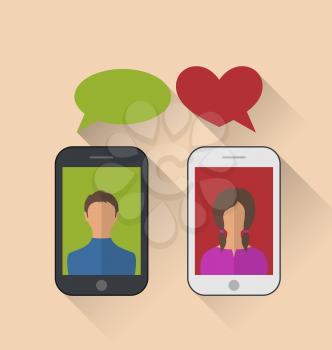 Illustrations two lovers communicating with the mobile phones, modern flat style - vector 