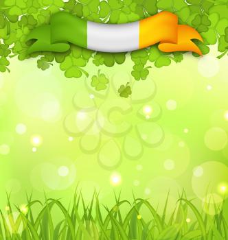 Illustration glowing nature background with shamrocks, grass and Irish flag for St. Patrick's Day - vector