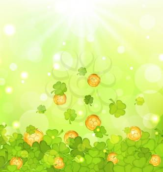 Illustration light background with clovers and coins for St. Patrick's Day - vector