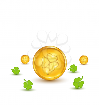 Illustration clovers and coins with shadows on white background for St. Patrick's Day - vector