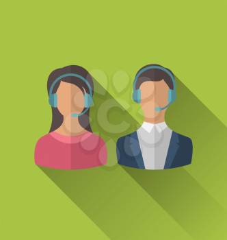 Illustrations icons of male and female avatars for operators call center or support service, modern flat style with long shadows - vector