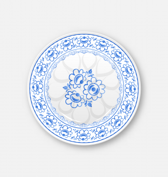 Illustration white plate with russian ornament in gzhel style - vector