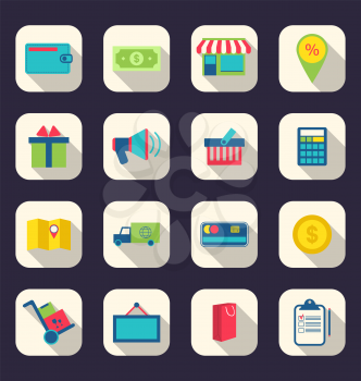 Illustration flat icons of e-commerce shopping symbol, online shop elements and commerce item, long shadow effect - vector