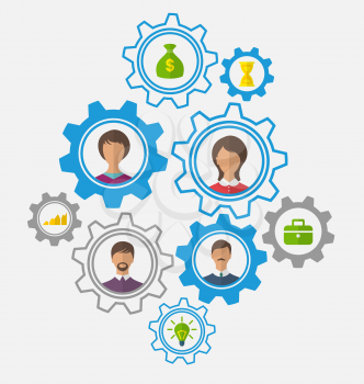 Illustrations idea of teamwork and success, business people enclosed in cogwheels - vector