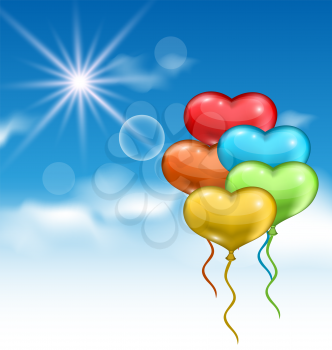 Illustration collection glossy colorful hearts balloons for Valentine Day in the blue sky- vector