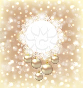 Illustration Christmas round frame made in snowflakes and golden balls on beige glowing background - vector