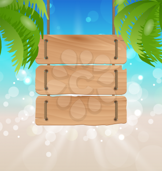 Illustration wooden signboard on tropical beach - vector