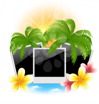 Illustration set photo frame with palms, flowers frangipani, seascape background - vector