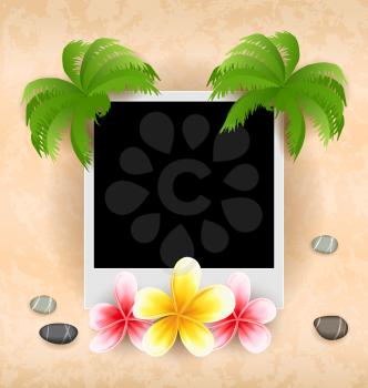 Illustration empty photo frame with palm, flowers frangipani, sea pebbles - vector