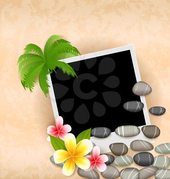 Illustration exotic natural background with empty photo frame, palm tree, flowers frangipani, sea pebbles - vector