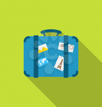 Illustration flat modern icon of handle baggage with funky stickers and photoframes, long shadow design - vector