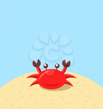 Illustration cartoon cheerful crab at the beach, natural seascape - vector