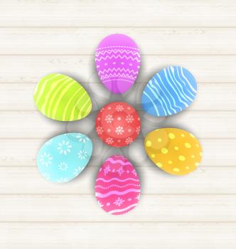 Illustration Easter set painted eggs on wooden texture - vector