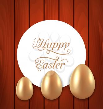 Illustration celebration card with Easter golden eggs on wooden red background - vector