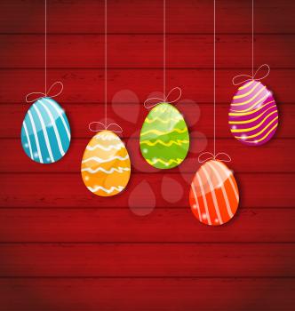 Illustration Easter three ornamental colorful eggs on wooden background - vector