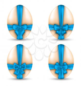Illustration Easter set celebration eggs wrapping blue bows with shadows isolated on white background - vector