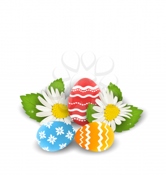Illustration traditional colorful ornate eggs with flowers camomiles for Easter, copy space for your text - vector
