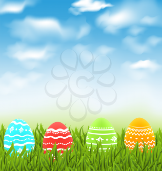 Illustration Easter natural landscape with traditional colorful eggs in grass meadow, blue sky and clouds - vector