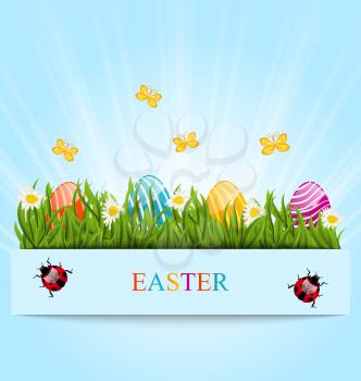 Illustration greeting card with Easter colorful eggs and camomiles in green grass - vector