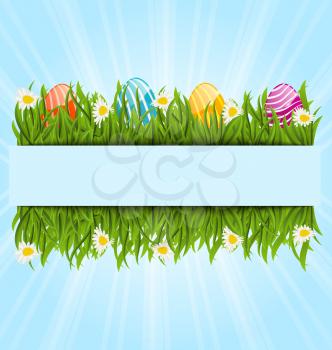Illustration Easter colorful eggs and camomiles in green grass with space for your text - vector