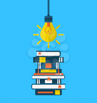 Illustration concept education and learning, flat icons of heap textbooks and lightbulb - vector