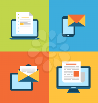 Illustration concept of email marketing via electronic gadgets - newsletter and subscription, flat trendy icons - vector