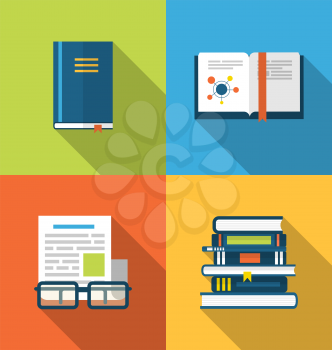 Illustration flat icons design of handbooks, books and publish documents, long shadow style - vector