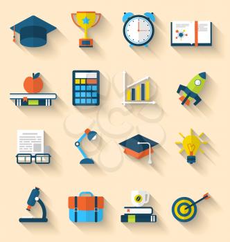 Illustration flat icons of elements and objects for high school and college education with teaching and learning, long shadow style design - vector