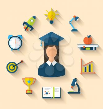 Illustration flat icons of graduation and objects for high school and college education with teaching and learning, long shadow style design - vector