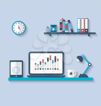 Illustration flat icon of modern office interior with designer desktop, application with interface objects and elements in simple style, long shadows - vector