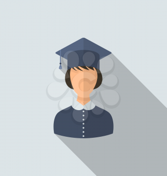 Illustration flat icon of female graduate in graduation hat, simple style with long shadow - vector