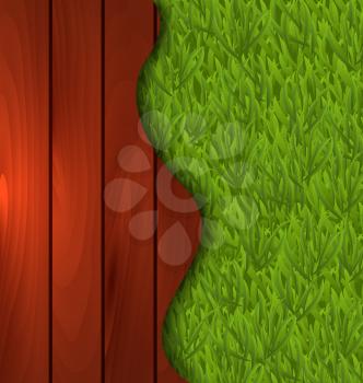 Illustration eco design - freshness spring green grass and wooden floor - vector