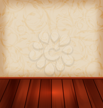 Illustration floral wallpaper and wooden floor - vector