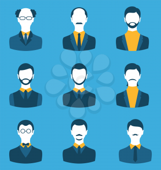 Illustration set business people, front portrait of males isolated on blue background - vector
