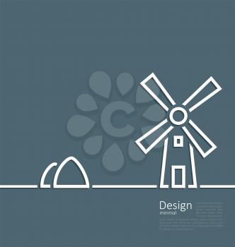 Illustration village landscape windmill haystack, design minimal line style - vector