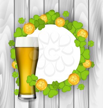 Illustration celebration card with glass of light beer, shamrocks and golden coins for St. Patrick's Day, wooden background - vector
