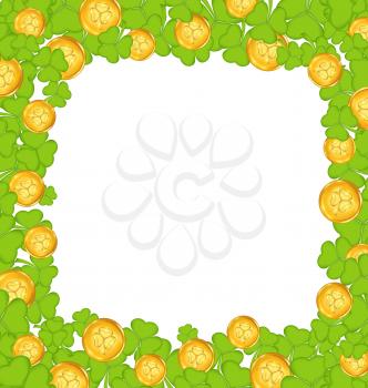 Illustration border with clovers and golden coins for St. Patrick's Day - vector